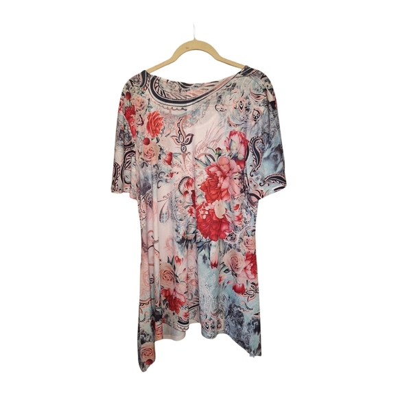 Blue Mood Floral Asymmetrical Hem Longer Tunic Ladies XL Boho Hippie Roses - Picture 2 of 5